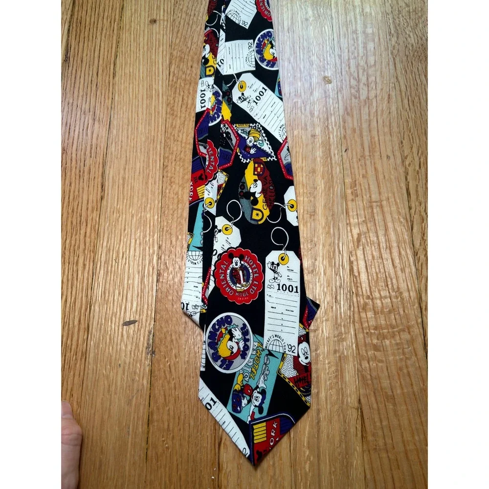 Vintage Balancine Disney Mickey Mouse World Tour 92 Silk Tie Travel Tags Black
